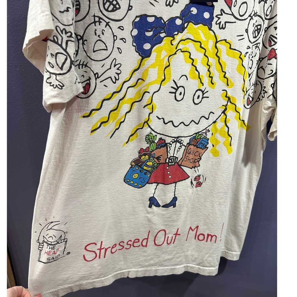 Vintage 90s Screen Stars Stressed Out Mom Single Stitch Graphic T-Shirt XL White - Picture 3 of 5